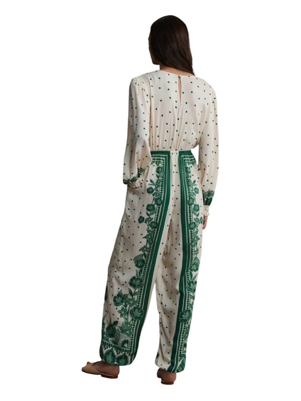 FARM RIO C ANTHROPOLOGIE Green & Cream Floral Dot Jumpsuit - Picture 2 of 10